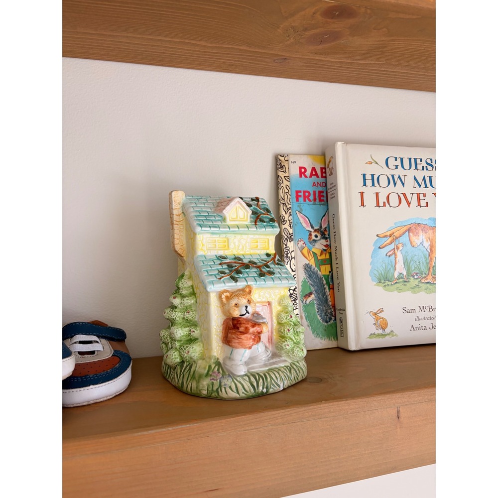 Vintage Teddy Bear Cottage Coin Bank – Ceramic Storybook House Piggy Bank
